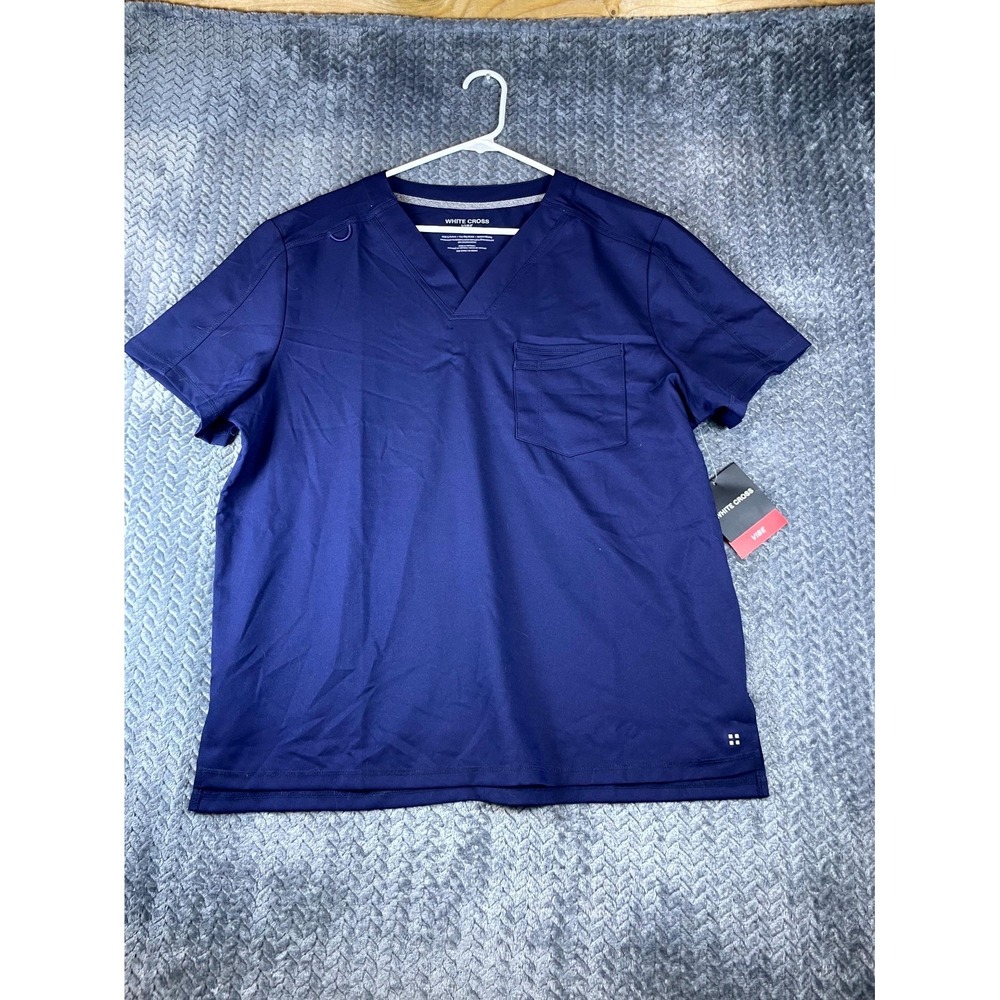 White Cross Vibe Scrub Top Womens Large Navy Blue V Neck 4 Way Stretch Medical